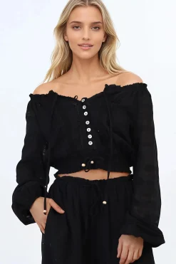 Marlon Top - On or Off Shoulder Pin Tuck Detail Long Balloon Sleeve Crop in Black><noscript><img width=