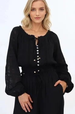 Marlon Top - On or Off Shoulder Pin Tuck Detail Long Balloon Sleeve Crop in Black><noscript><img width=