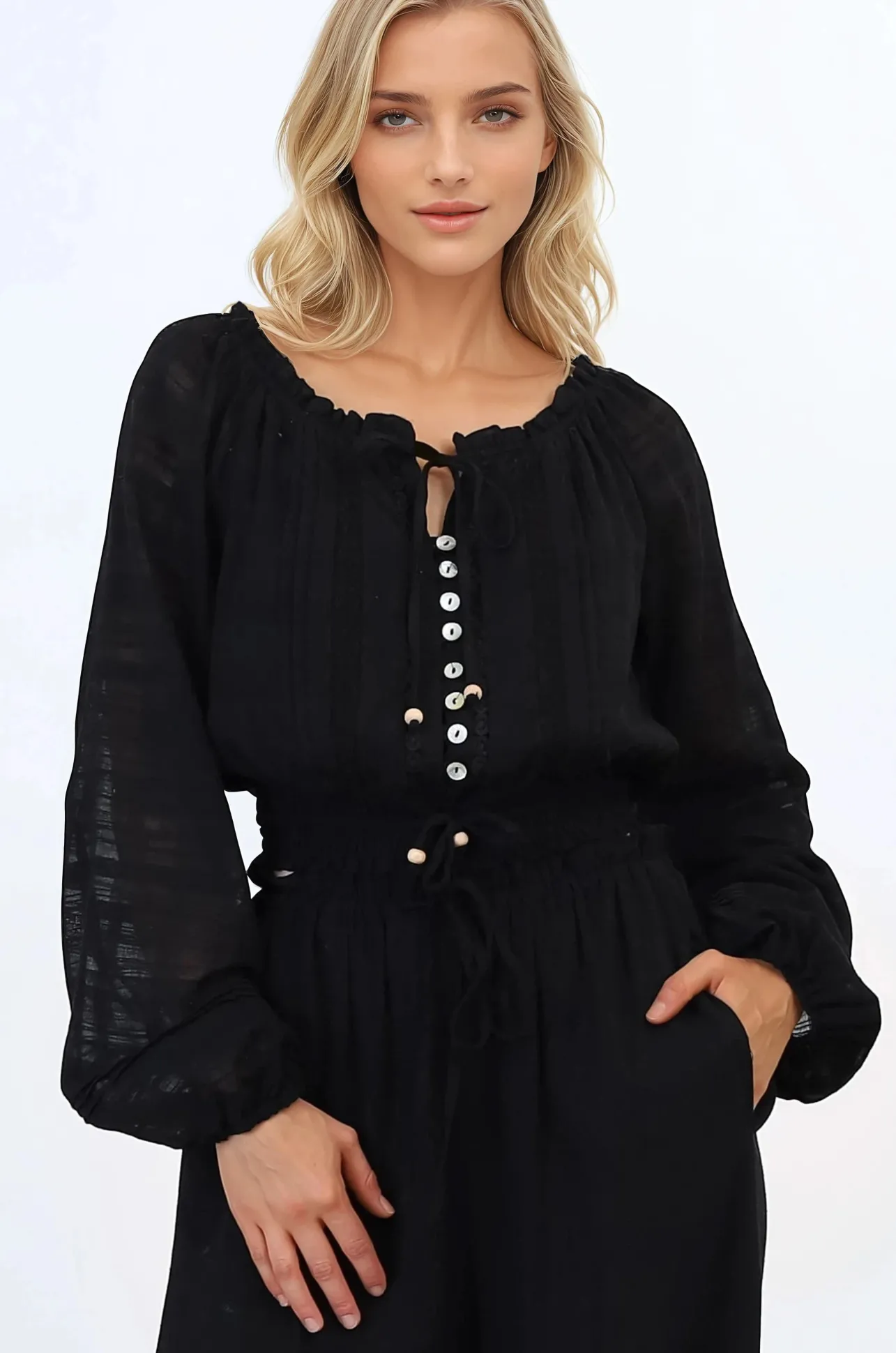 Marlon Top - On or Off Shoulder Pin Tuck Detail Long Balloon Sleeve Crop in Black>Salty Crush Sale