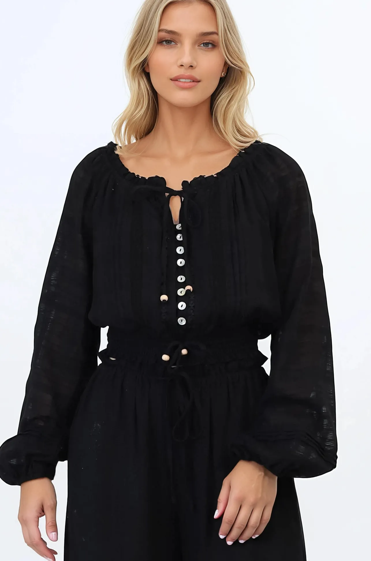 Marlon Top - On or Off Shoulder Pin Tuck Detail Long Balloon Sleeve Crop in Black>Salty Crush Sale