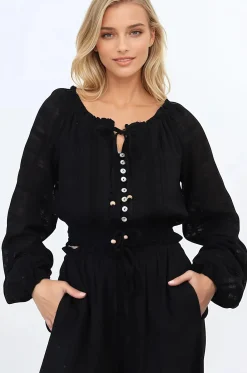 Marlon Top - On or Off Shoulder Pin Tuck Detail Long Balloon Sleeve Crop in Black><noscript><img width=