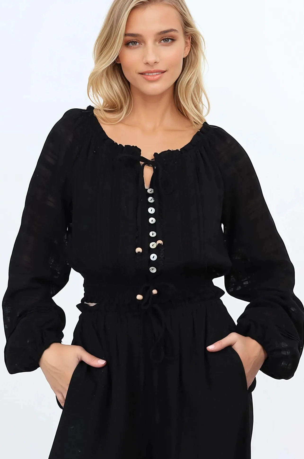 Marlon Top - On or Off Shoulder Pin Tuck Detail Long Balloon Sleeve Crop in Black>Salty Crush Sale