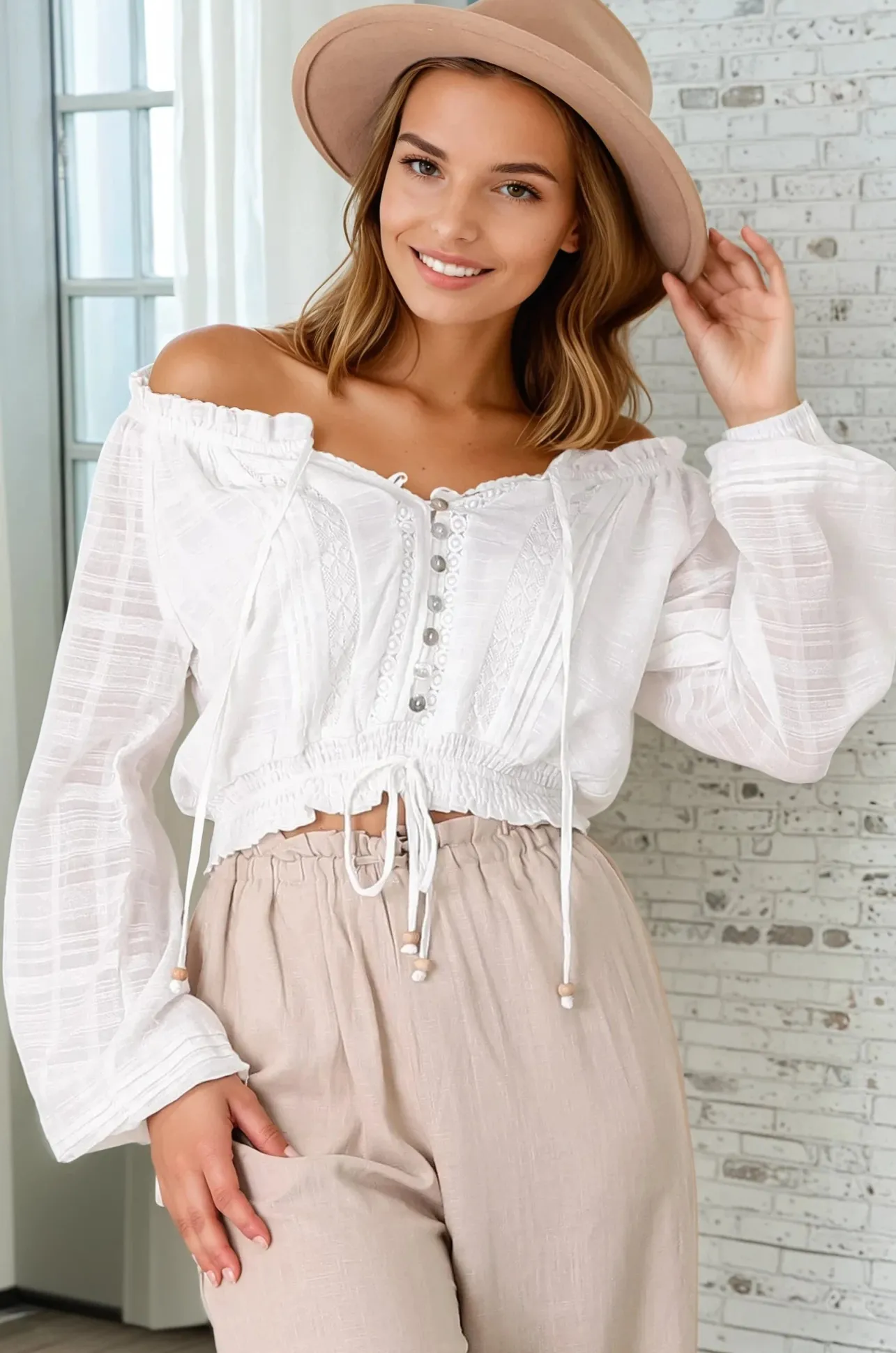 Marlon Top - On or Off Shoulder Pin Tuck Detail Long Balloon Sleeve Crop in White>Salty Crush Clearance