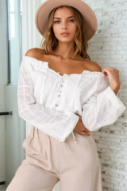 Marlon Top - On or Off Shoulder Pin Tuck Detail Long Balloon Sleeve Crop in White><noscript><img width=