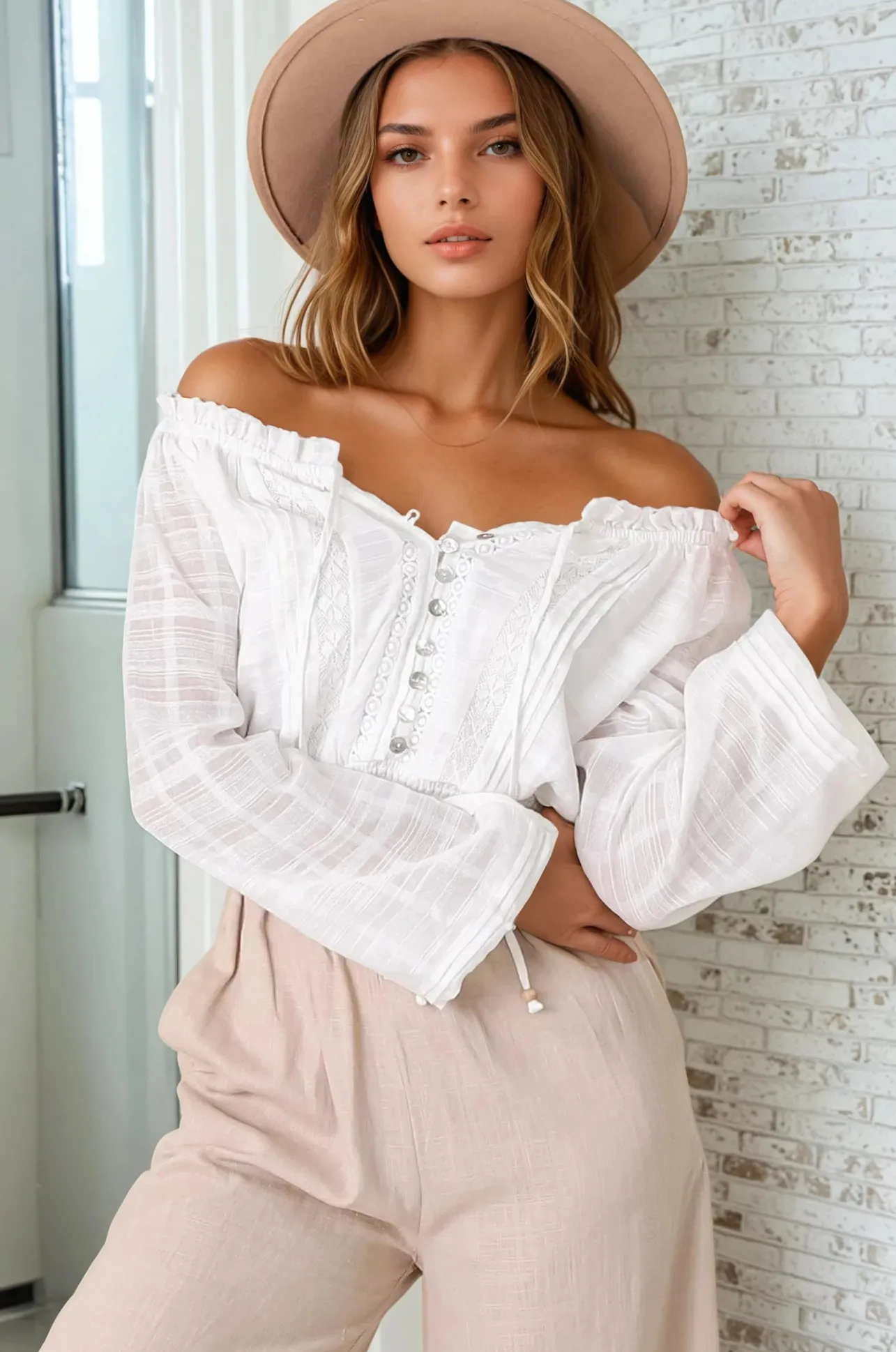 Marlon Top - On or Off Shoulder Pin Tuck Detail Long Balloon Sleeve Crop in White>Salty Crush Clearance