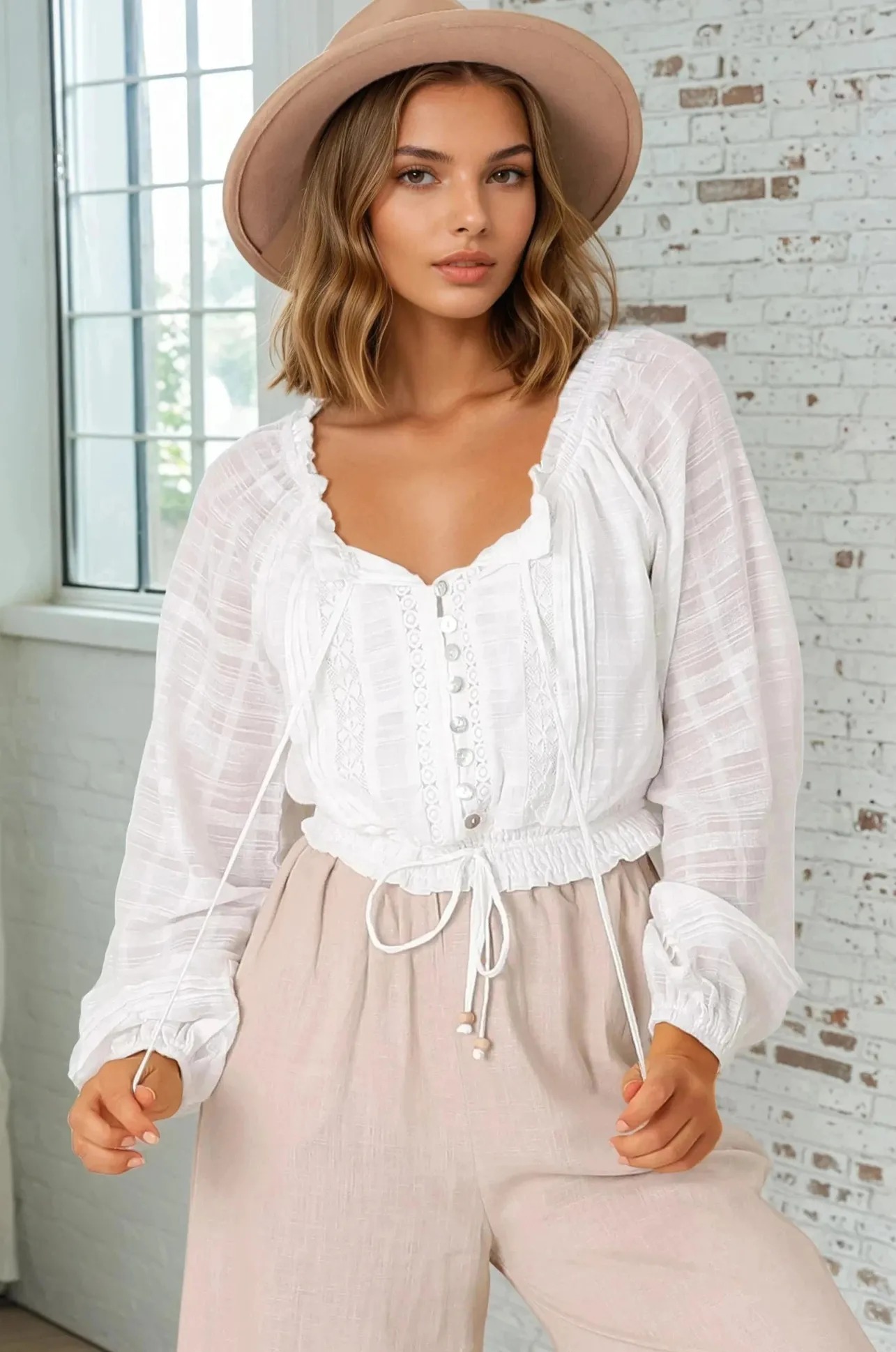 Marlon Top - On or Off Shoulder Pin Tuck Detail Long Balloon Sleeve Crop in White>Salty Crush Clearance