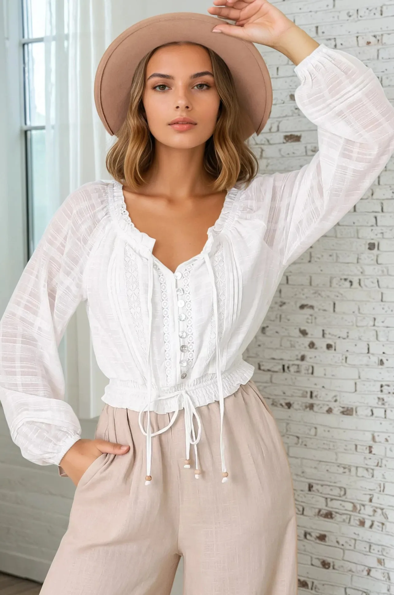 Marlon Top - On or Off Shoulder Pin Tuck Detail Long Balloon Sleeve Crop in White>Salty Crush Clearance