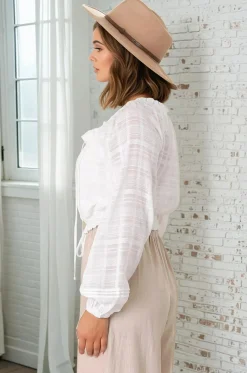 Marlon Top - On or Off Shoulder Pin Tuck Detail Long Balloon Sleeve Crop in White><noscript><img width=
