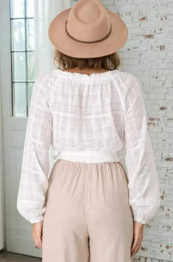 Marlon Top - On or Off Shoulder Pin Tuck Detail Long Balloon Sleeve Crop in White><noscript><img width=