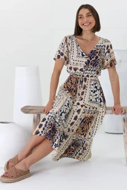 Marly Midi Dress - A Line Dress with Cap Sleeves and Rick Rack Splicing Alphy Print><noscript><img width=