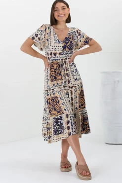 Marly Midi Dress - A Line Dress with Cap Sleeves and Rick Rack Splicing Alphy Print><noscript><img width=