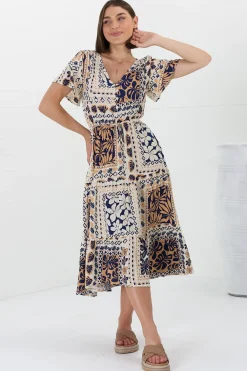 Marly Midi Dress - A Line Dress with Cap Sleeves and Rick Rack Splicing Alphy Print><noscript><img width=