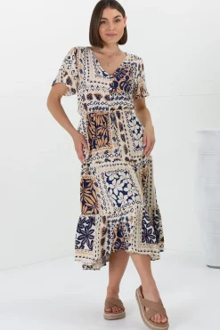 Marly Midi Dress - A Line Dress with Cap Sleeves and Rick Rack Splicing Alphy Print><noscript><img width=