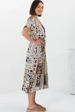 Marly Midi Dress - A Line Dress with Cap Sleeves and Rick Rack Splicing Alphy Print><noscript><img width=