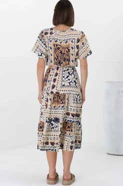Marly Midi Dress - A Line Dress with Cap Sleeves and Rick Rack Splicing Alphy Print><noscript><img width=