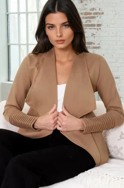 Marlyn Jacket - Faux Leather Trim Lapel Collar Jacket with Pintuck Detailed Sleeves in Camel>Salty Crush Sale