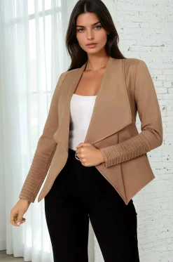 Marlyn Jacket - Faux Leather Trim Lapel Collar Jacket with Pintuck Detailed Sleeves in Camel><noscript><img width=