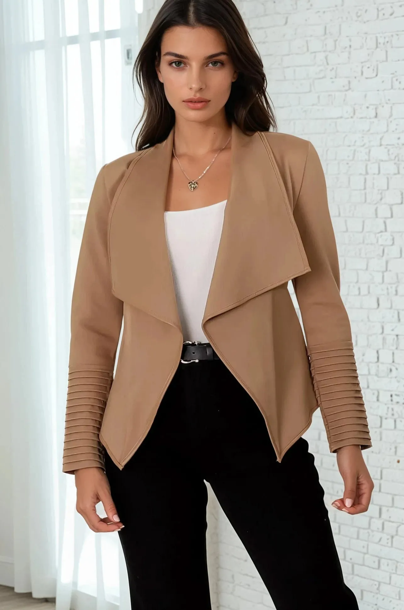 Marlyn Jacket - Faux Leather Trim Lapel Collar Jacket with Pintuck Detailed Sleeves in Camel>Salty Crush Sale