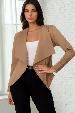 Marlyn Jacket - Faux Leather Trim Lapel Collar Jacket with Pintuck Detailed Sleeves in Camel><noscript><img width=
