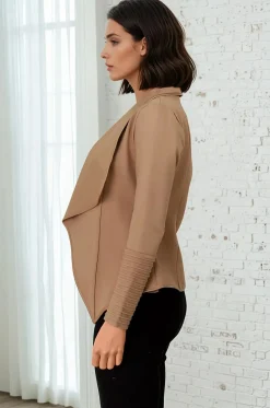 Marlyn Jacket - Faux Leather Trim Lapel Collar Jacket with Pintuck Detailed Sleeves in Camel><noscript><img width=
