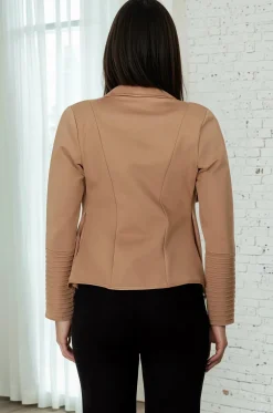 Marlyn Jacket - Faux Leather Trim Lapel Collar Jacket with Pintuck Detailed Sleeves in Camel><noscript><img width=