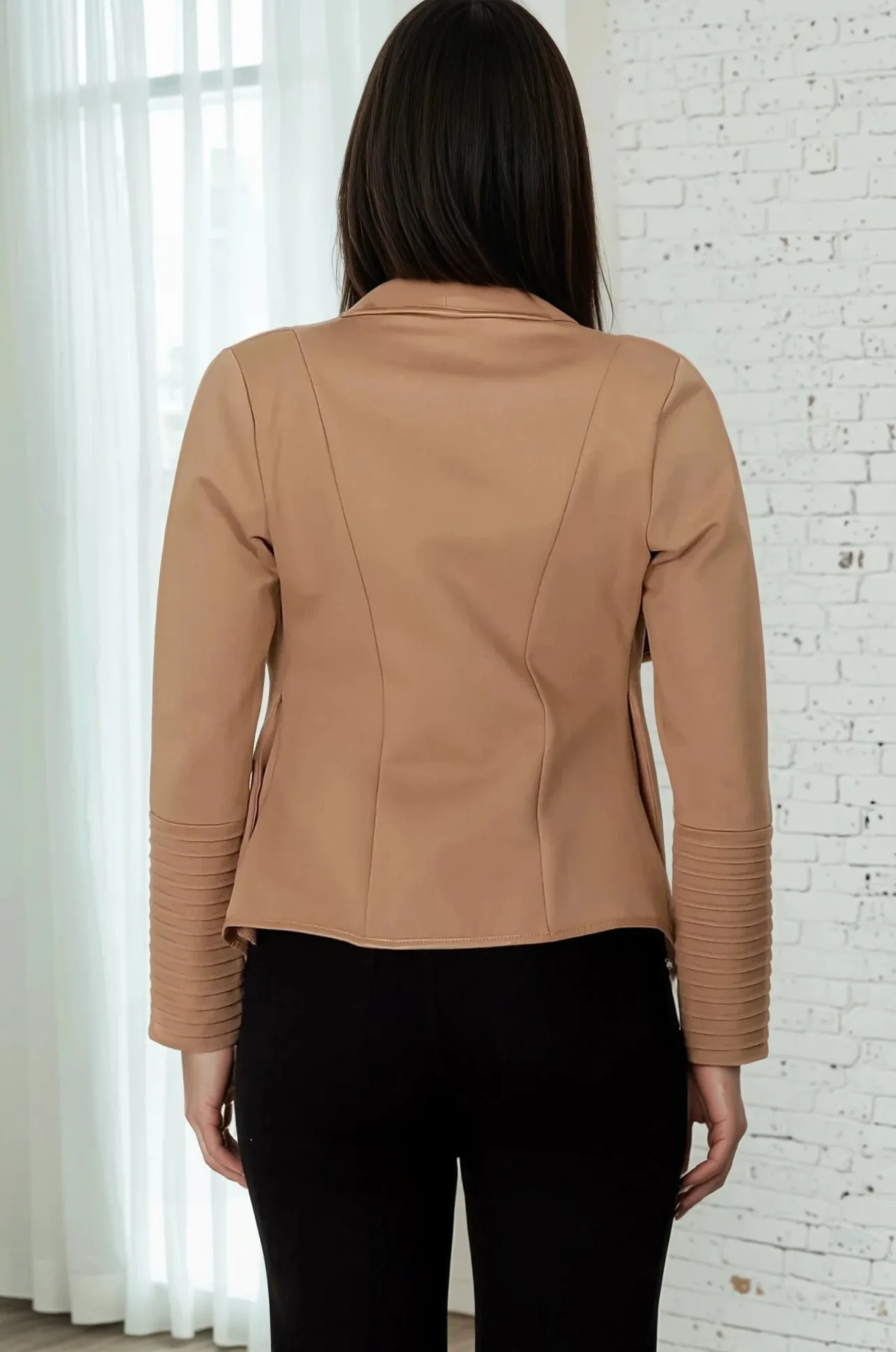 Marlyn Jacket - Faux Leather Trim Lapel Collar Jacket with Pintuck Detailed Sleeves in Camel>Salty Crush Sale