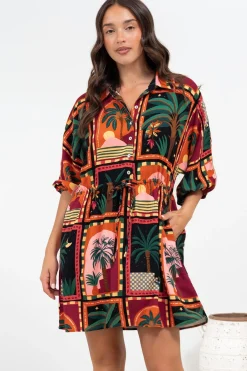 Marsdan Mini Dress - Collared Buttoned Bodice Pull Tie Waist Dress in Casablanca Print>Salty Crush