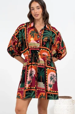 Marsdan Mini Dress - Collared Buttoned Bodice Pull Tie Waist Dress in Casablanca Print>Salty Crush
