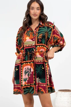 Marsdan Mini Dress - Collared Buttoned Bodice Pull Tie Waist Dress in Casablanca Print><noscript><img width=