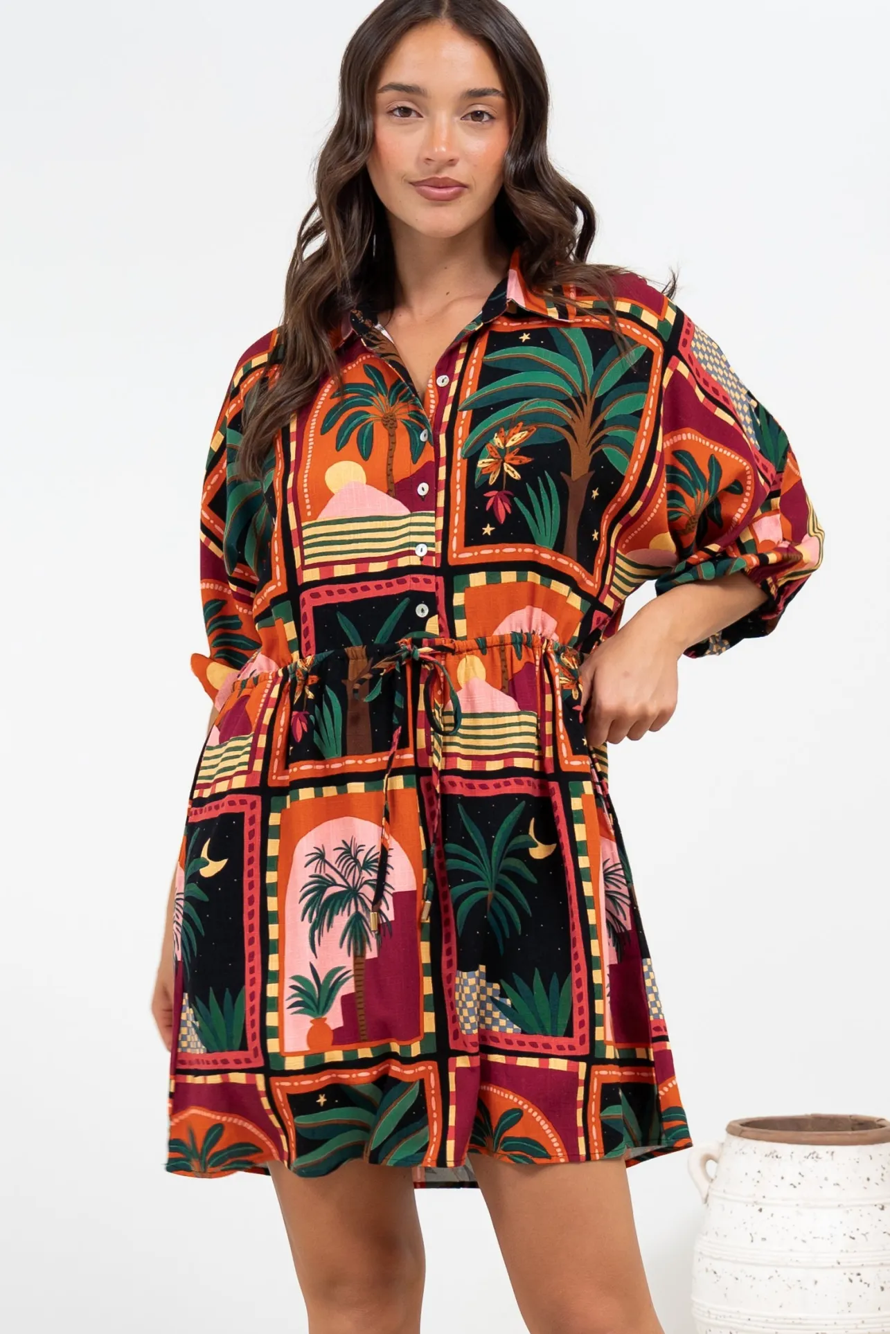 Marsdan Mini Dress - Collared Buttoned Bodice Pull Tie Waist Dress in Casablanca Print>Salty Crush