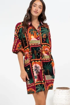 Marsdan Mini Dress - Collared Buttoned Bodice Pull Tie Waist Dress in Casablanca Print><noscript><img width=