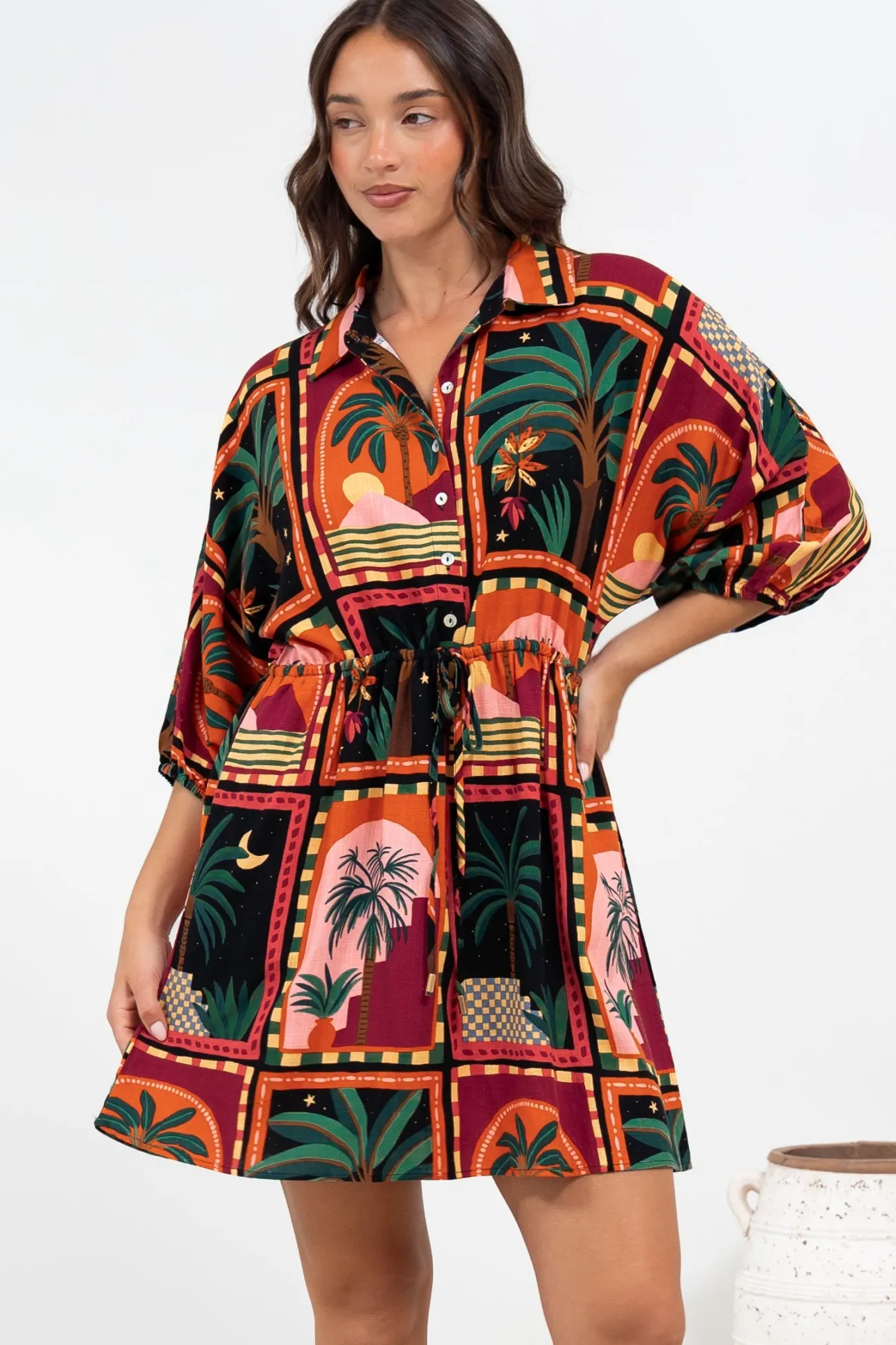 Marsdan Mini Dress - Collared Buttoned Bodice Pull Tie Waist Dress in Casablanca Print>Salty Crush