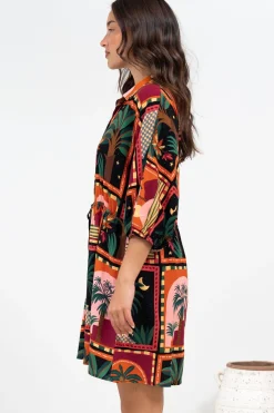 Marsdan Mini Dress - Collared Buttoned Bodice Pull Tie Waist Dress in Casablanca Print><noscript><img width=