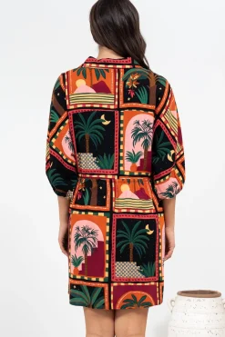 Marsdan Mini Dress - Collared Buttoned Bodice Pull Tie Waist Dress in Casablanca Print><noscript><img width=