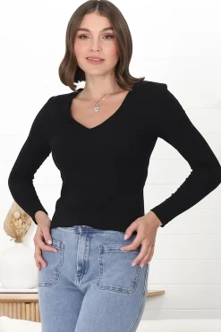 Martha Top - V Neck Basic Top with Long Sleeves in Black>Salty Crush Clearance