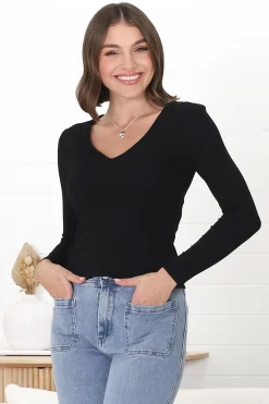 Martha Top - V Neck Basic Top with Long Sleeves in Black>Salty Crush Clearance