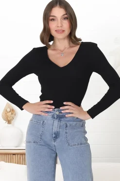Martha Top - V Neck Basic Top with Long Sleeves in Black><noscript><img width=