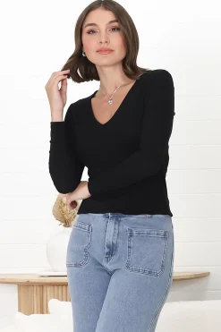 Martha Top - V Neck Basic Top with Long Sleeves in Black><noscript><img width=