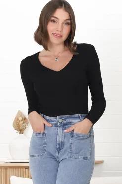 Martha Top - V Neck Basic Top with Long Sleeves in Black><noscript><img width=