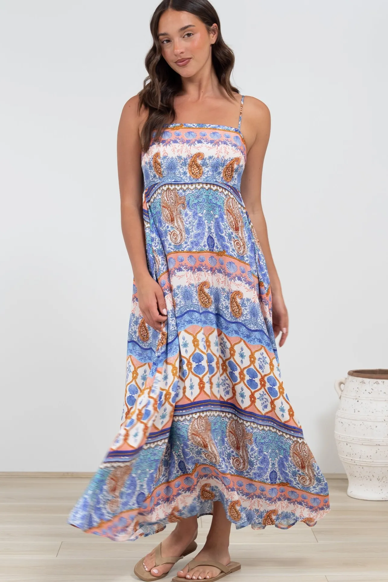 Mattina Maxi Dress: Spaghetti Strap Sun Dress in Belly Print>Salty Crush Online
