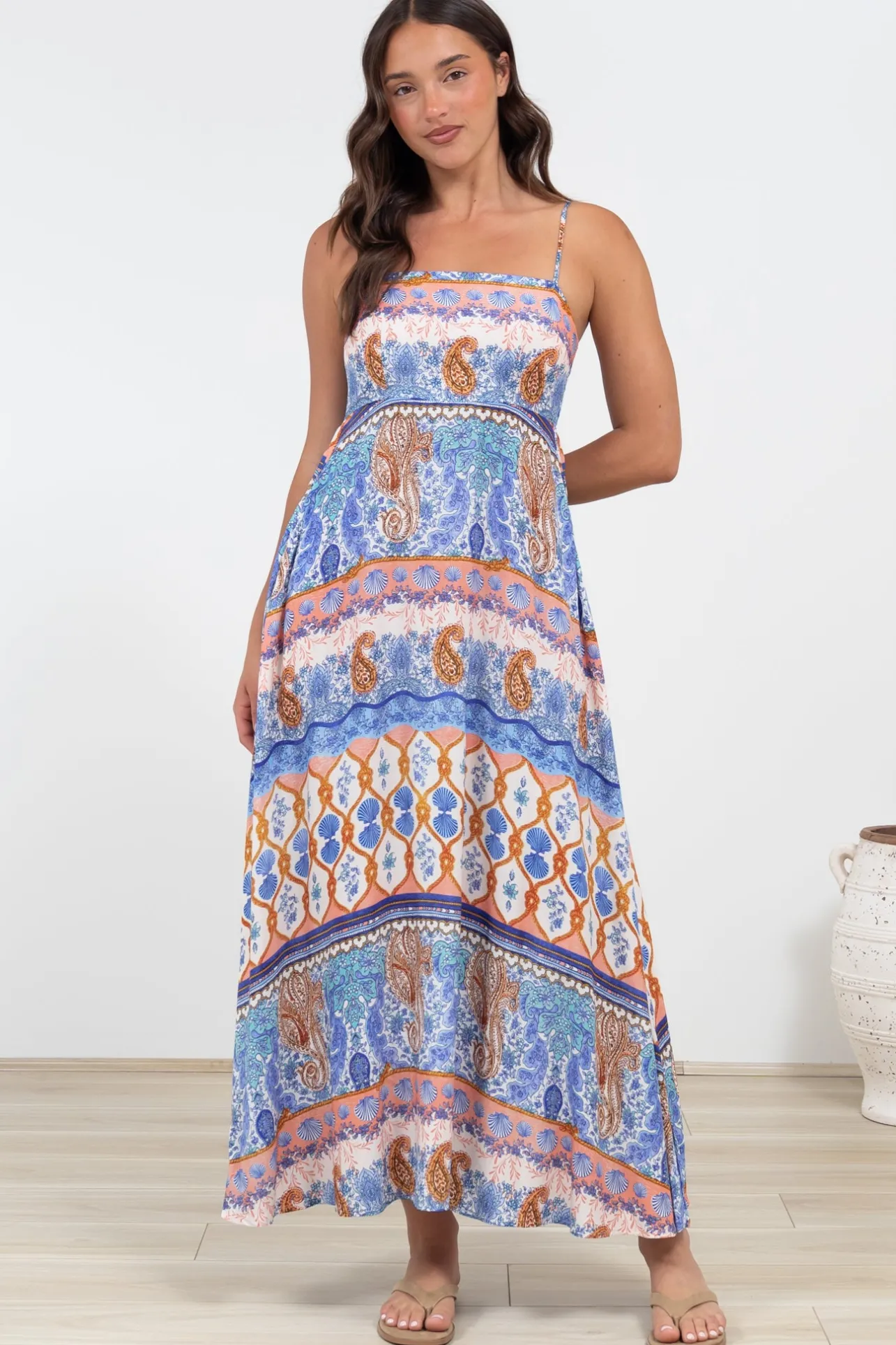 Mattina Maxi Dress: Spaghetti Strap Sun Dress in Belly Print>Salty Crush Online