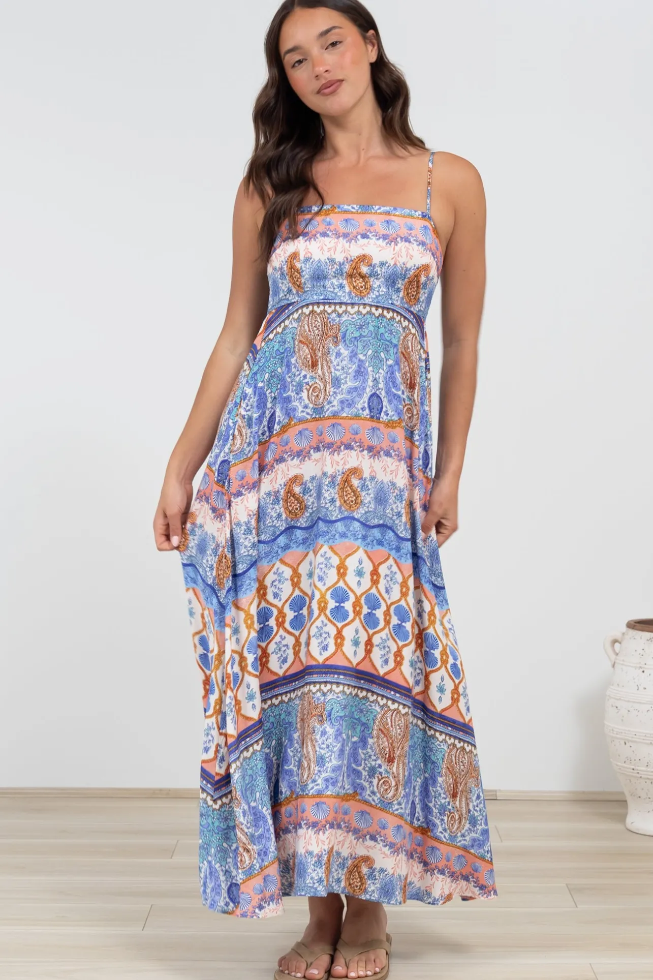 Mattina Maxi Dress: Spaghetti Strap Sun Dress in Belly Print>Salty Crush Online
