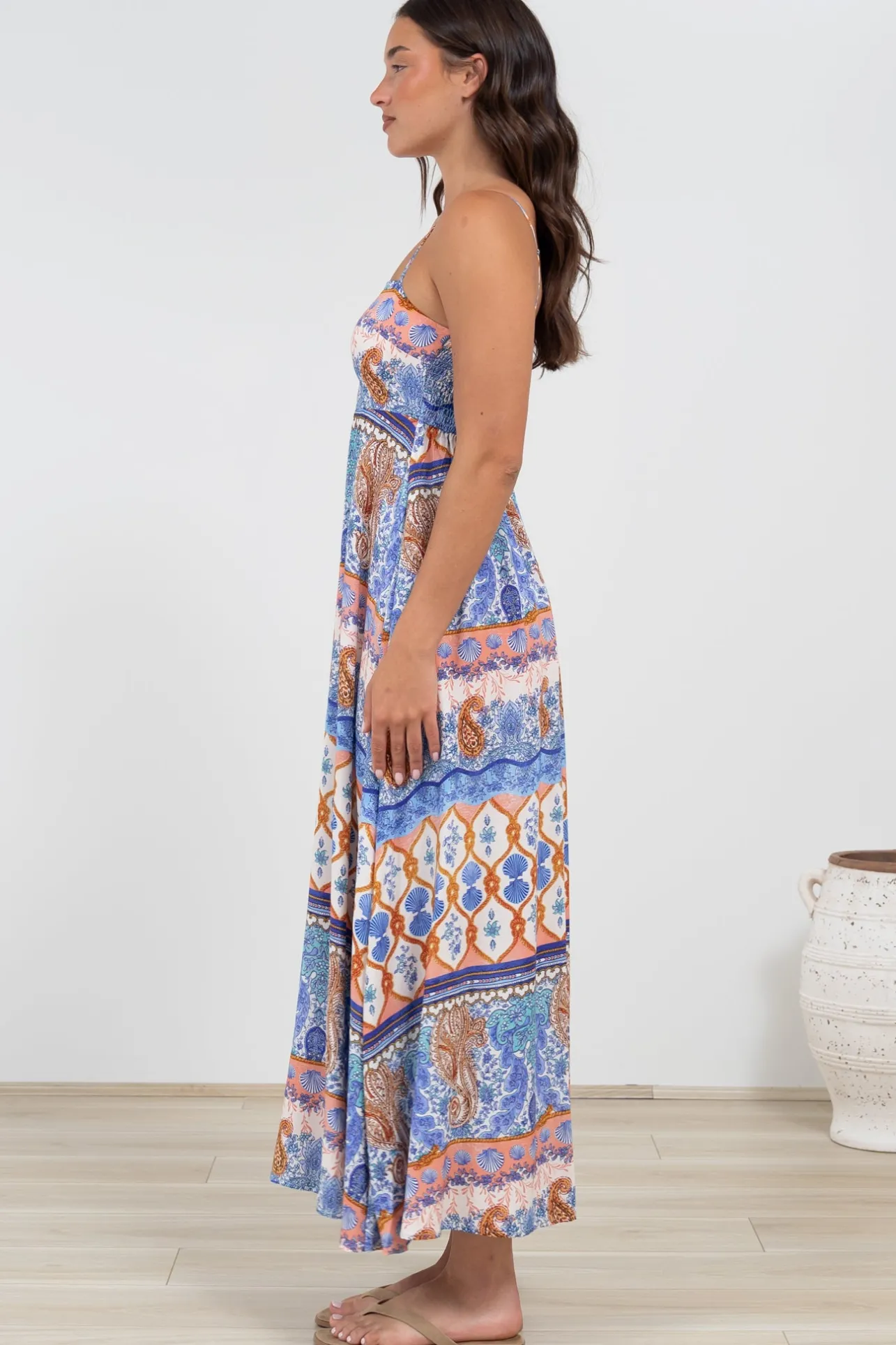 Mattina Maxi Dress: Spaghetti Strap Sun Dress in Belly Print>Salty Crush Online