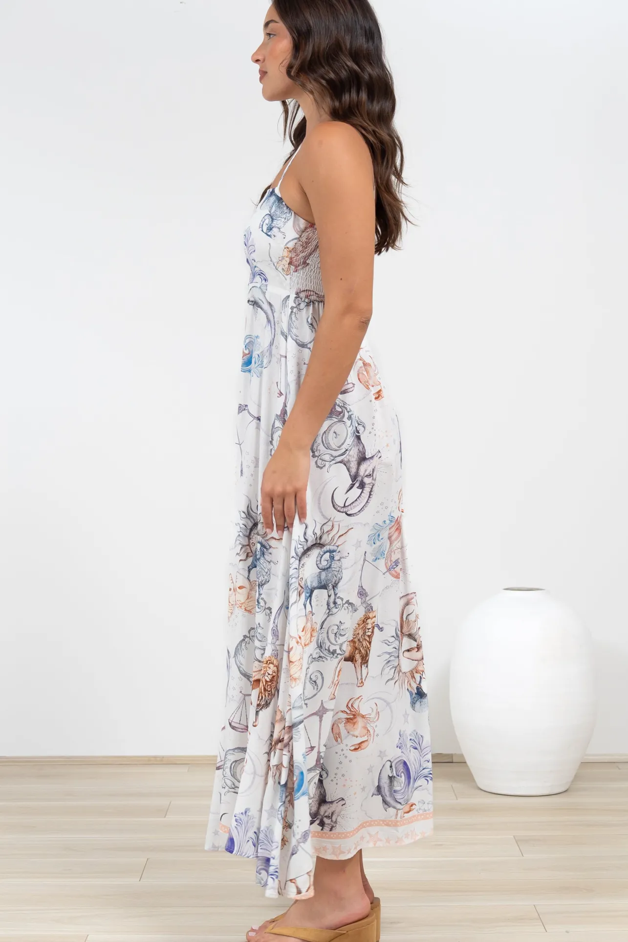 Mattina Maxi Dress: Spaghetti Strap Sun Dress in Zodiac Print>Salty Crush Best
