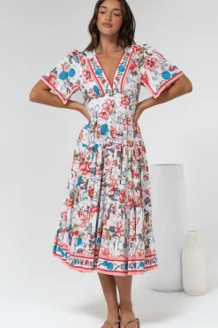 Melba Midi Dress - V-Neck Buttoned Down Dress with Flutter Sleeves in Safia Print>Salty Crush Best