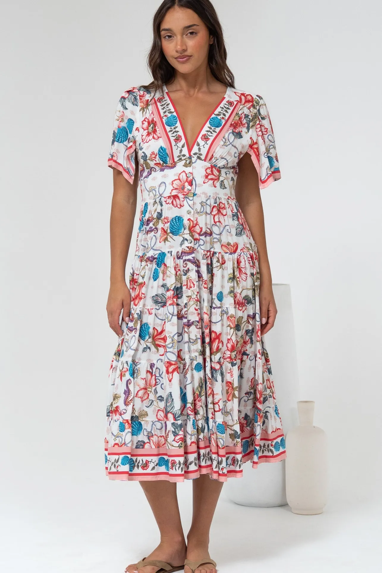 Melba Midi Dress - V-Neck Buttoned Down Dress with Flutter Sleeves in Safia Print>Salty Crush Best