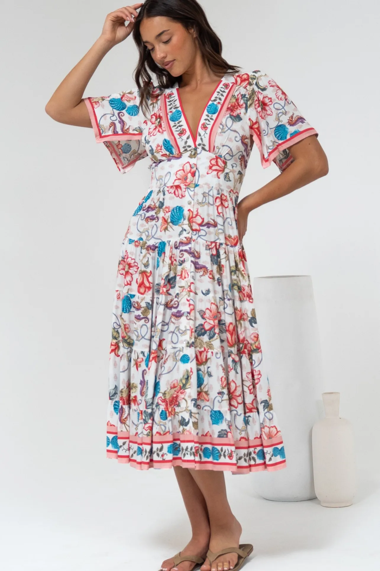 Melba Midi Dress - V-Neck Buttoned Down Dress with Flutter Sleeves in Safia Print>Salty Crush Best
