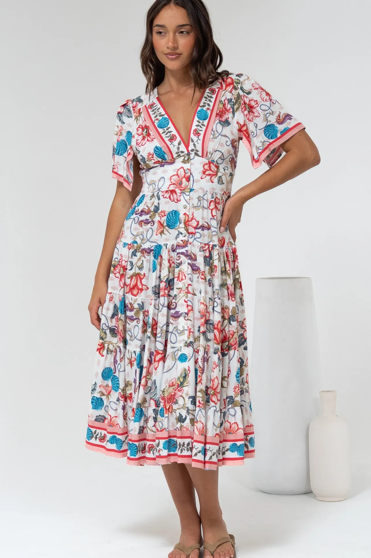 Melba Midi Dress - V-Neck Buttoned Down Dress with Flutter Sleeves in Safia Print>Salty Crush Best