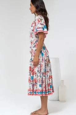Melba Midi Dress - V-Neck Buttoned Down Dress with Flutter Sleeves in Safia Print><noscript><img width=