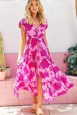 Melissa Maxi Dress - Pull Tie Waist Dress with Split in Valentine Print>Jaase Sale